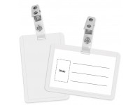 Vardinės kortelės dėklas su plastikiniu spaustuku, vertikalus, 92 x 64 mm, skaidrus