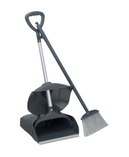 Prügikühvel kaanega ja hari, pikk vars, hall