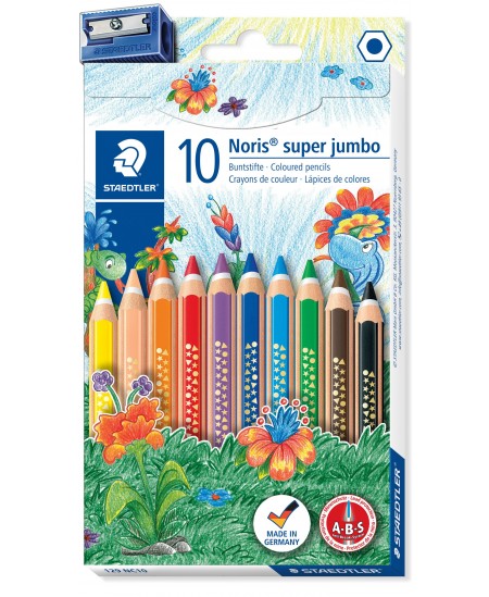 Värvilised pliiatsid STAEDTLER Noris jumbo 129, teritajaga, 10 värvi