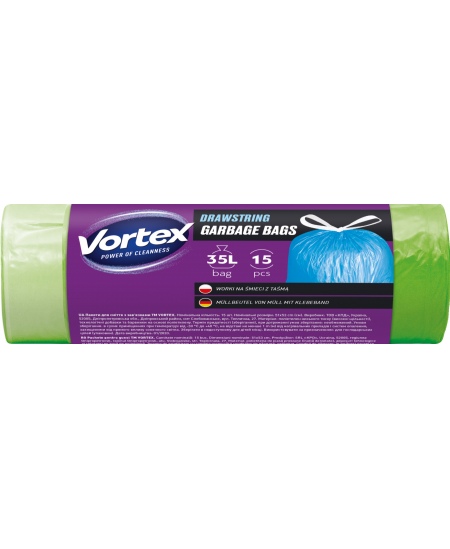 Prügikotid VORTEX, 35 l, 15 tk, paksus 13 μm, HDPE, rohelised