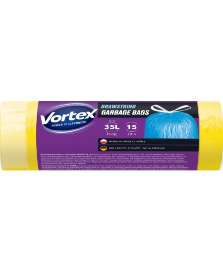 Prügikotid VORTEX, 35 l, 15 tk, paksus 13 μm, HDPE, kollased