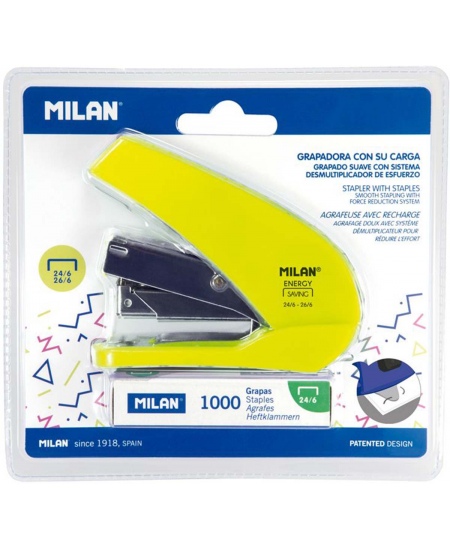 Energiasäästlik kompaktne klammerdaja koos klambritega MILAN Acid, kuni 20 lehte, kollane