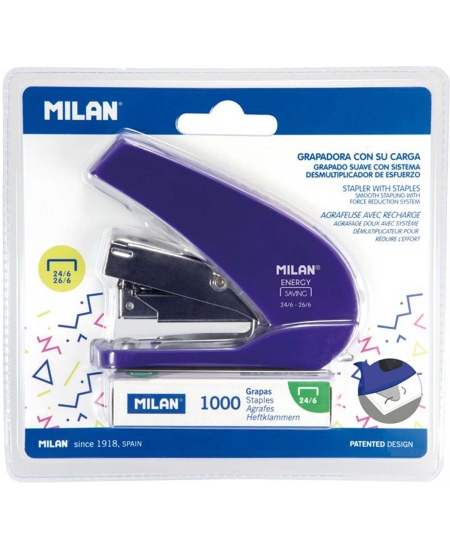 Energiasäästlik kompaktne klammerdaja koos klambritega MILAN Acid, kuni 20 lehte, sinine