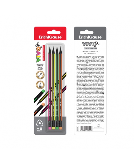 Pliiatsid ERICH KRAUSE VIVO®, kolmnurksed, kustutuskummiga, blisterpakendis, 4 tk, HB