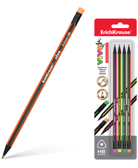 Pliiatsid ERICH KRAUSE VIVO®, kolmnurksed, kustutuskummiga, blisterpakendis, 4 tk, HB