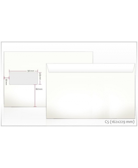 Ümbrikud C5, 162x229 mm, aken vasakul 45x90 mm, liimiribaga, 1000 tk