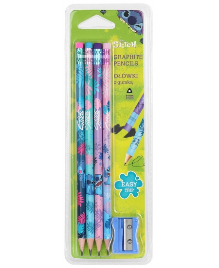 Pliiatsid kustutuskummidega DISNEY Stitch Blue, kolmnurksed, teritajaga, HB, 4 tk