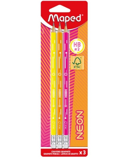 Grafiitpliiatsid MAPED Black Peps Neon, HB, kolmnurksed, kustutuskummiga, 3 tk
