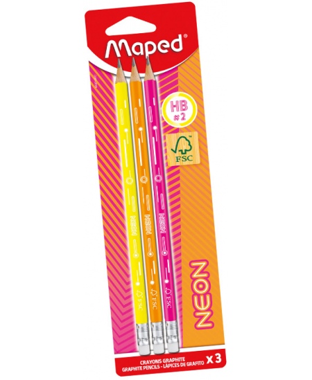 Grafiitpliiatsid MAPED Black Peps Neon, HB, kolmnurksed, kustutuskummiga, 3 tk