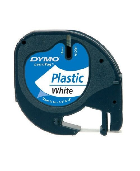 Lint DYMO LetraTag, 12 mm x 4 m, plastikust, must kiri, valge lint