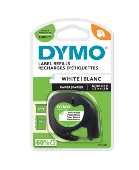 Lint DYMO LetraTag, 12 mm x 4 m, paberist, must kiri, valge lint