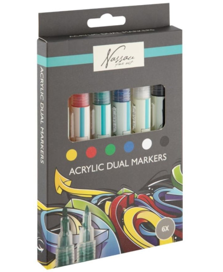 Akrüülmarkerid NASSAU, kahepoolsed, 6 värvi