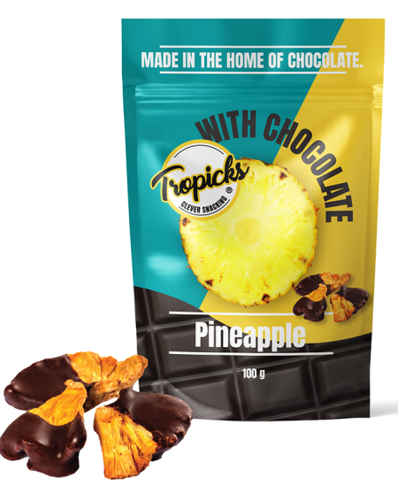 Looduslikud kuivatatud ananassid tumedas šokolaadis TROPICKS, 100 g