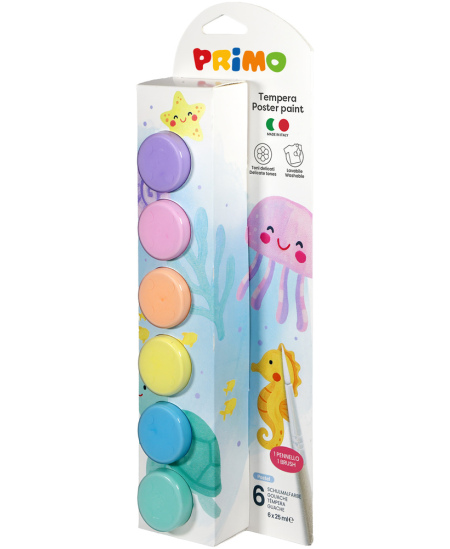 Guaššvärv PRIMO, 6 pastelset värvi x 25 ml, koos pintsliga