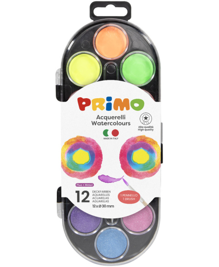 Akvarell PRIMO, 12 metalset ja fluorestseeruvat värvi, koos pintsliga