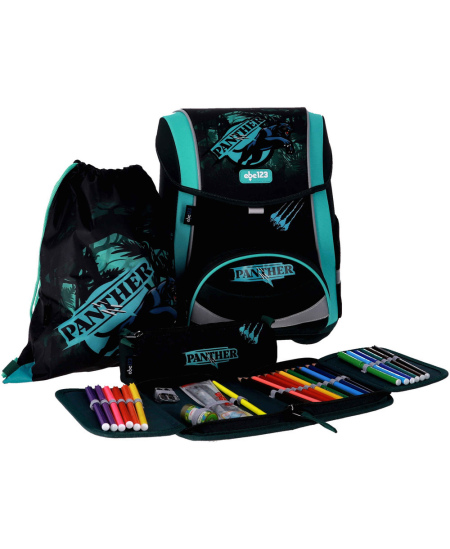 Seljakott lisatarvikutega ABC123 Ergo Premium Panther, 4-osaline
